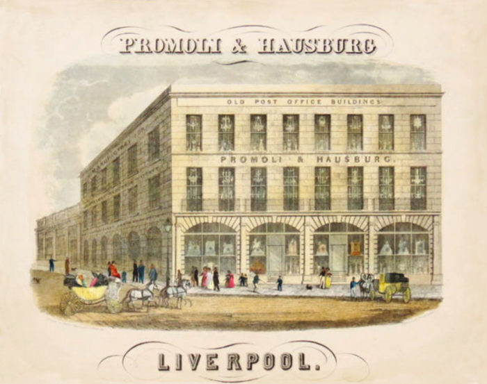 An Illustration from 1840 of Promoli & Hausburg's emporium based at Old Post Office Buildings, 24 Church Street, Liverpool.